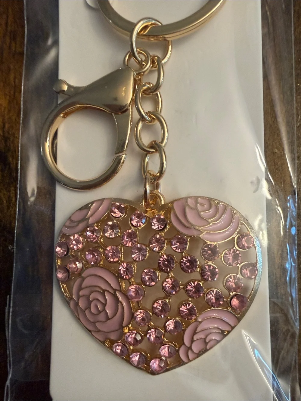 Pretty in Pink Rhinestone Crystal Heart Keychain Charm w/Rose Motif